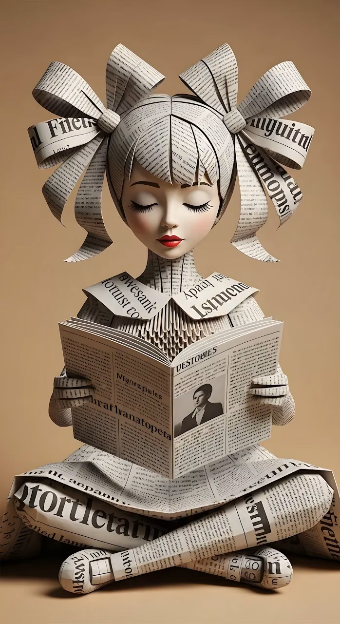 Paper Art Sculpture of Girl Reading Newspaper Book - Free Mobile AMOLED Wallpaper Background