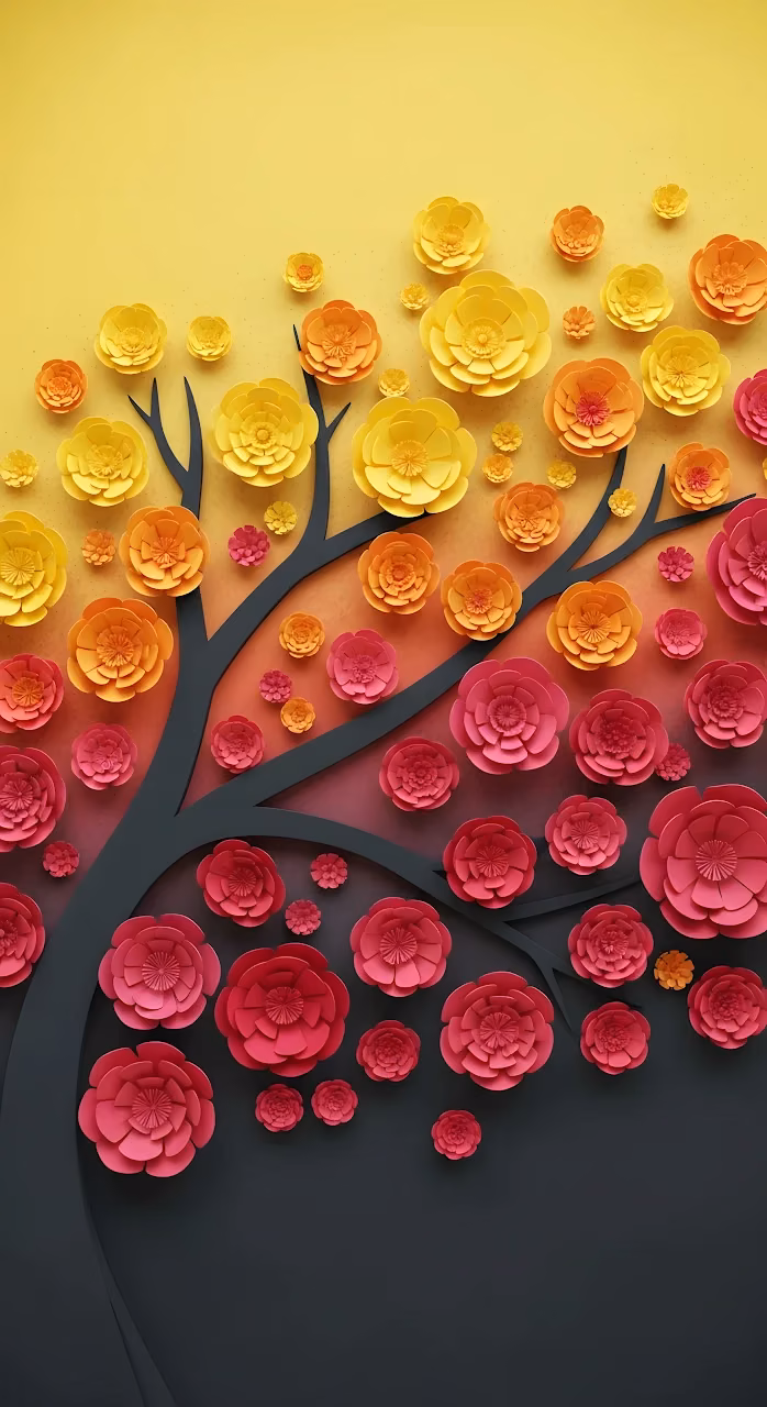 Paper Cut Tree Silhouette with Gradient Bloom Flowers - Free Mobile AMOLED Wallpaper Background