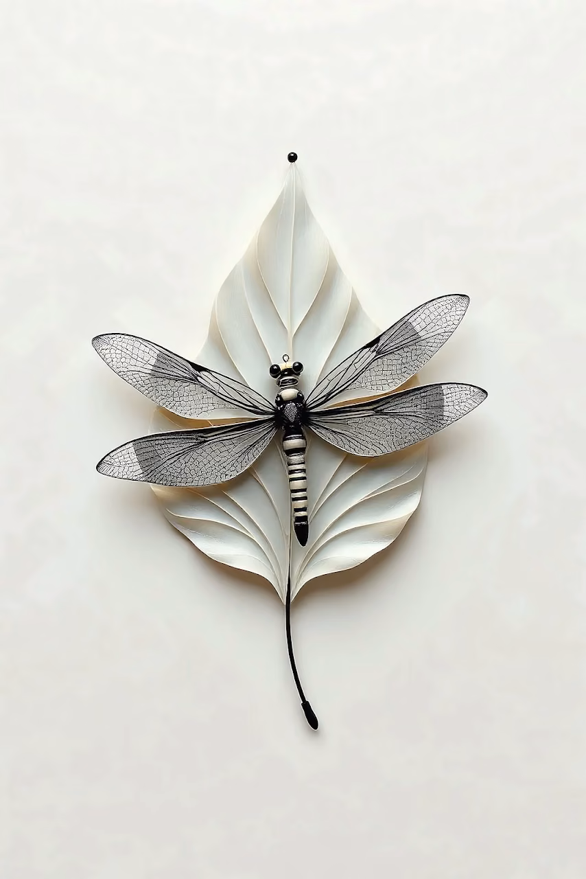 Paper Dragonfly on Sculpted White Leaf - Free Mobile AMOLED Wallpaper Background