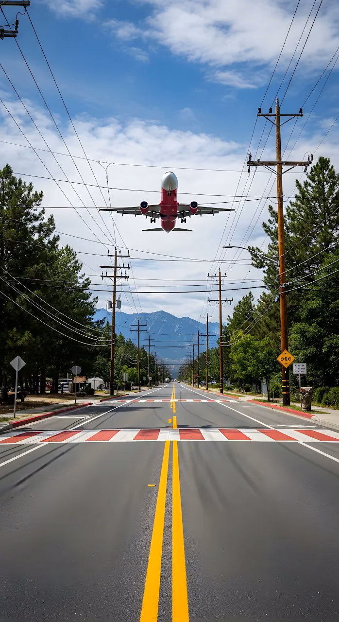 Passenger Jet Descending Low Over Suburban Road Landscape - Free Mobile AMOLED Wallpaper Background
