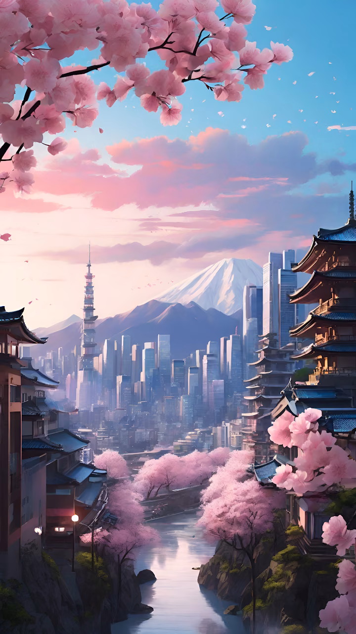 Download Pastel Japan Cityscape Mount Fuji Sakura River Wallpaper in Mobile HD Pastel Japan Cityscape Mount Fuji Sakura River - Free Mobile AMOLED Wallpaper Background