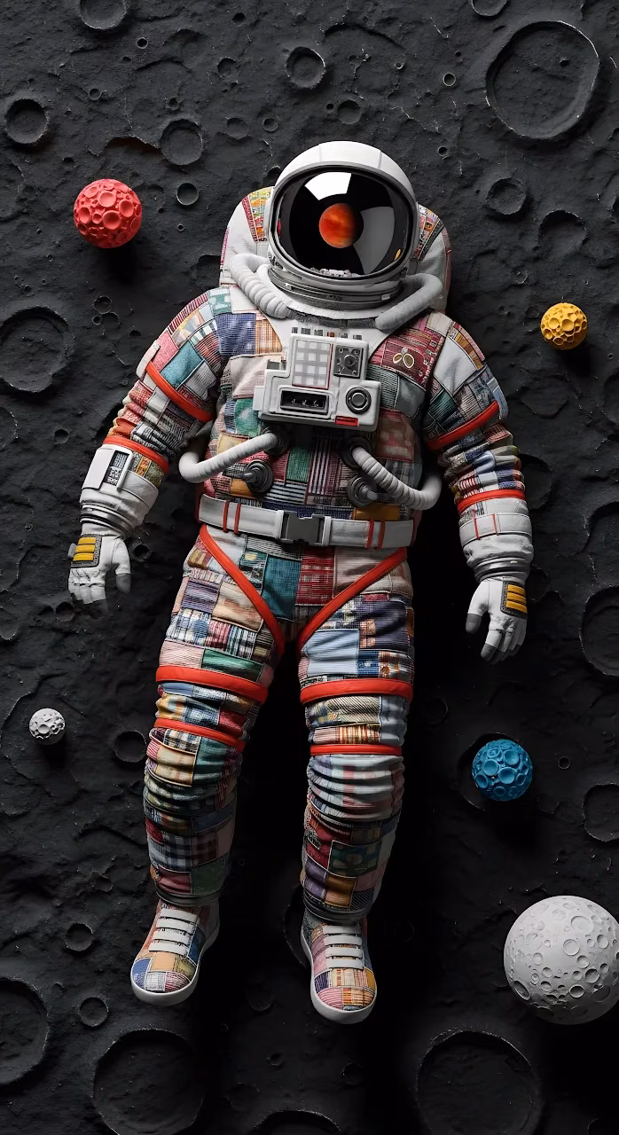 Patchwork Astronaut Suit on Cratered Moon Surface - Free Mobile AMOLED Wallpaper Background