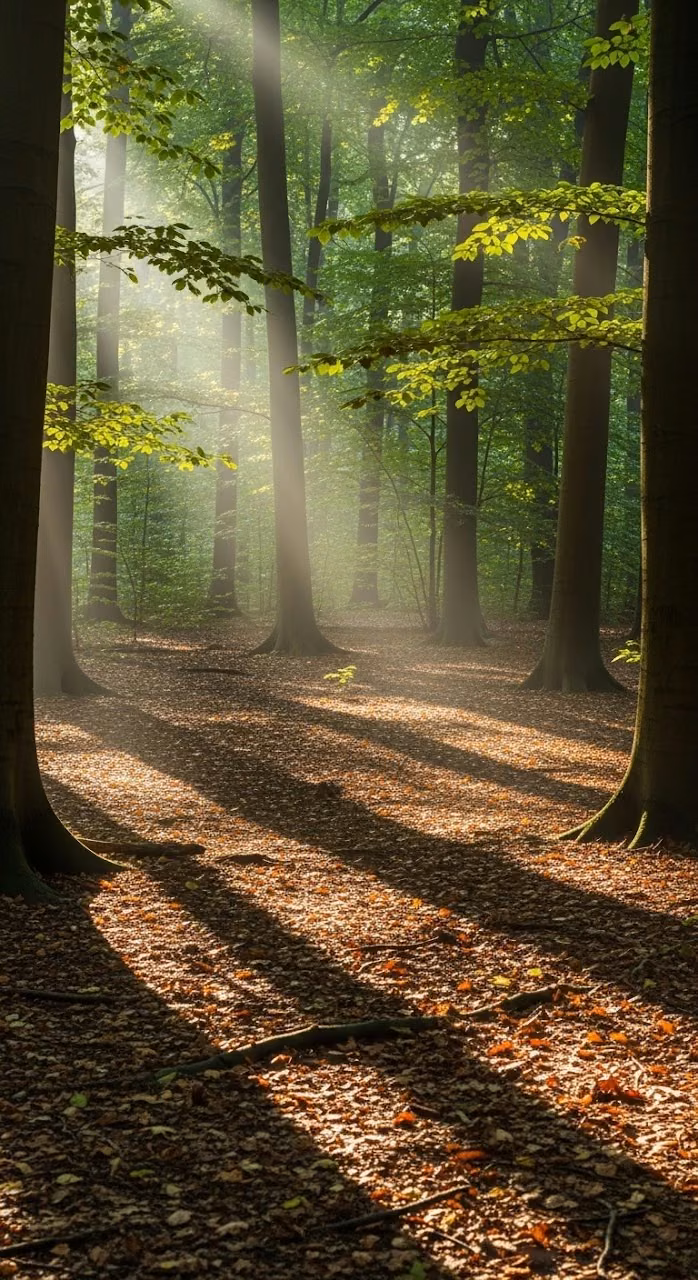 Peaceful Forest Dawn with Dappled Light - Free Mobile AMOLED Wallpaper Background