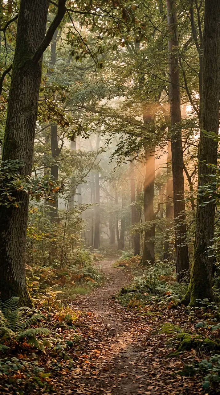 Peaceful Forest at Dawn with Gentle Mist and Dappled Light - Free Mobile AMOLED Wallpaper Background