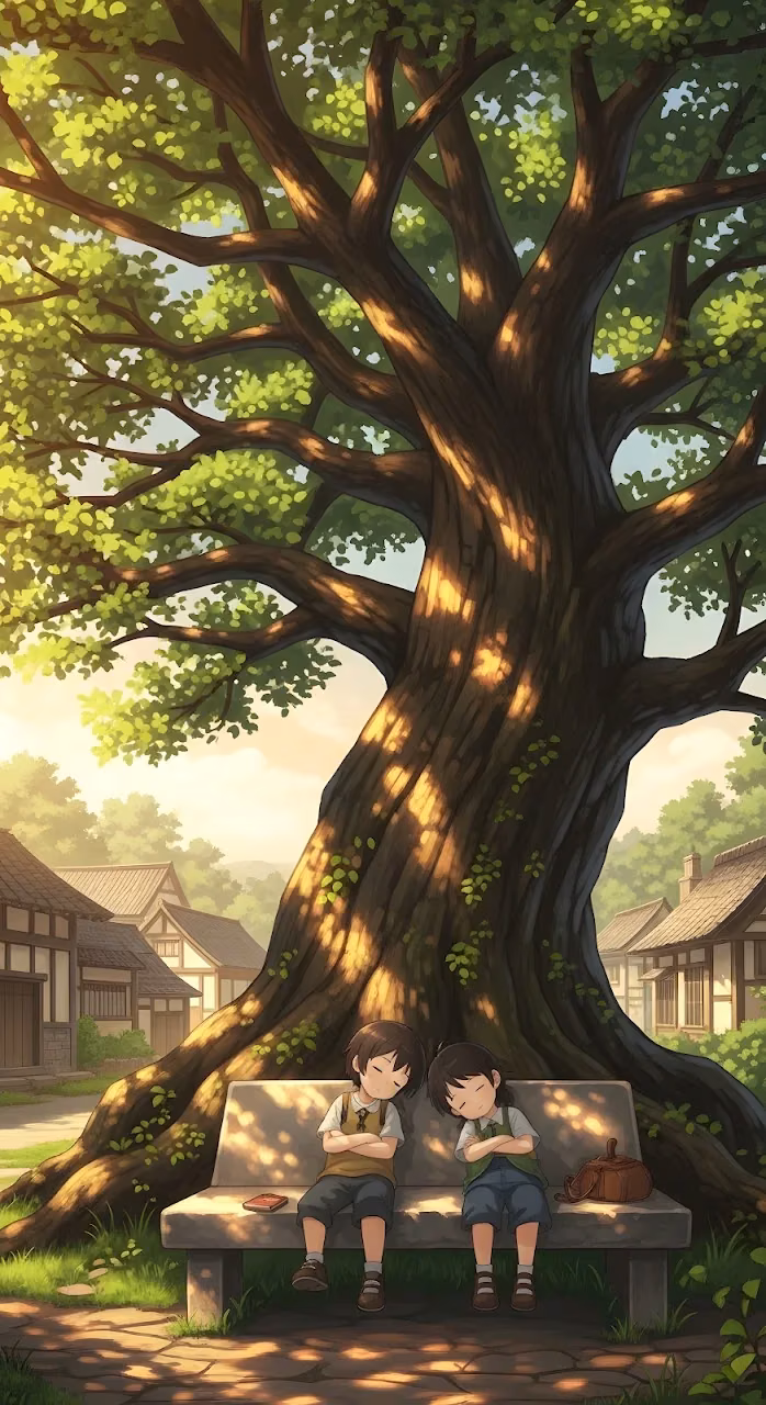 Peaceful Nap Under the Ancient Tree in a Japanese Village - Free Mobile AMOLED Wallpaper Background