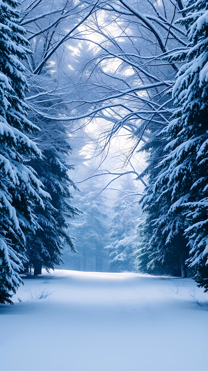 Peaceful Snow Covered Pine Forest Path in Winter - Free Mobile AMOLED Wallpaper Background