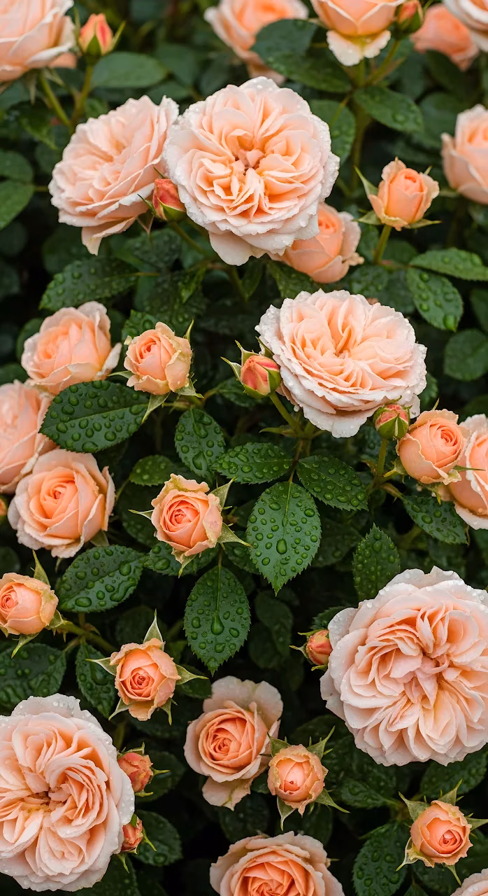 Peach Garden Roses Raindrops Green Leaves Close Up - Free Mobile AMOLED Wallpaper Background