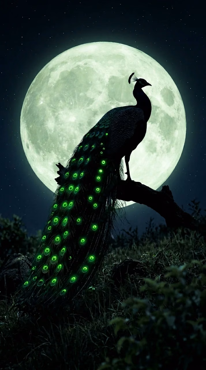 Peacock Silhouette with Glowing Green Feathers under a Full Moon - Free Mobile AMOLED Wallpaper Background