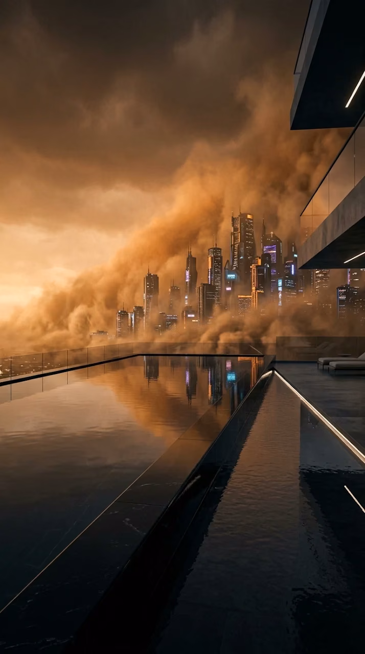 Download Penthouse Infinity Pool Overlooking Cyberpunk Sandstorm Wallpaper Wallpaper in Mobile HD Penthouse Infinity Pool Overlooking Cyberpunk Sandstorm Wallpaper - Free Mobile AMOLED Wallpaper Background