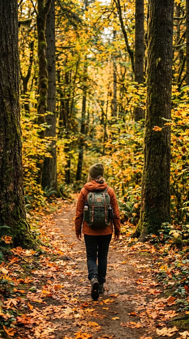Person with Backpack Walking Down a Golden Autumn Forest Path - Free Mobile AMOLED Wallpaper Background