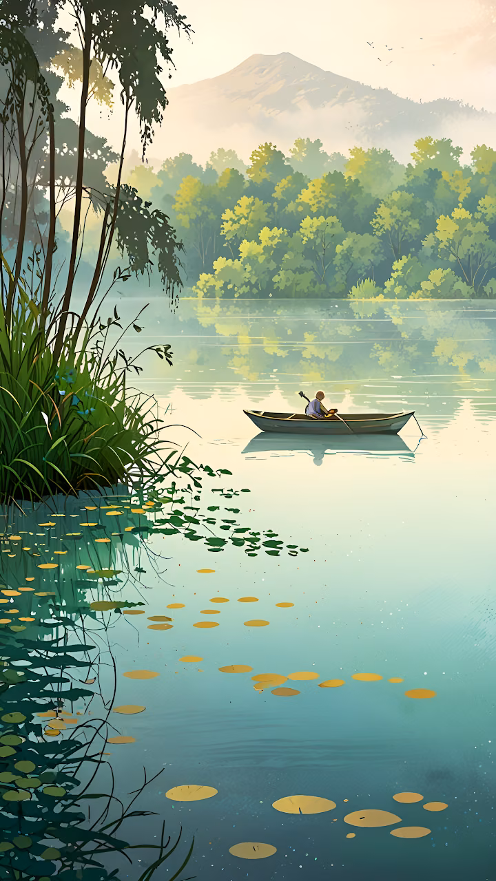 Person Rowing Boat on Calm Lake with Forest and Mountain - Free Mobile AMOLED Wallpaper Background