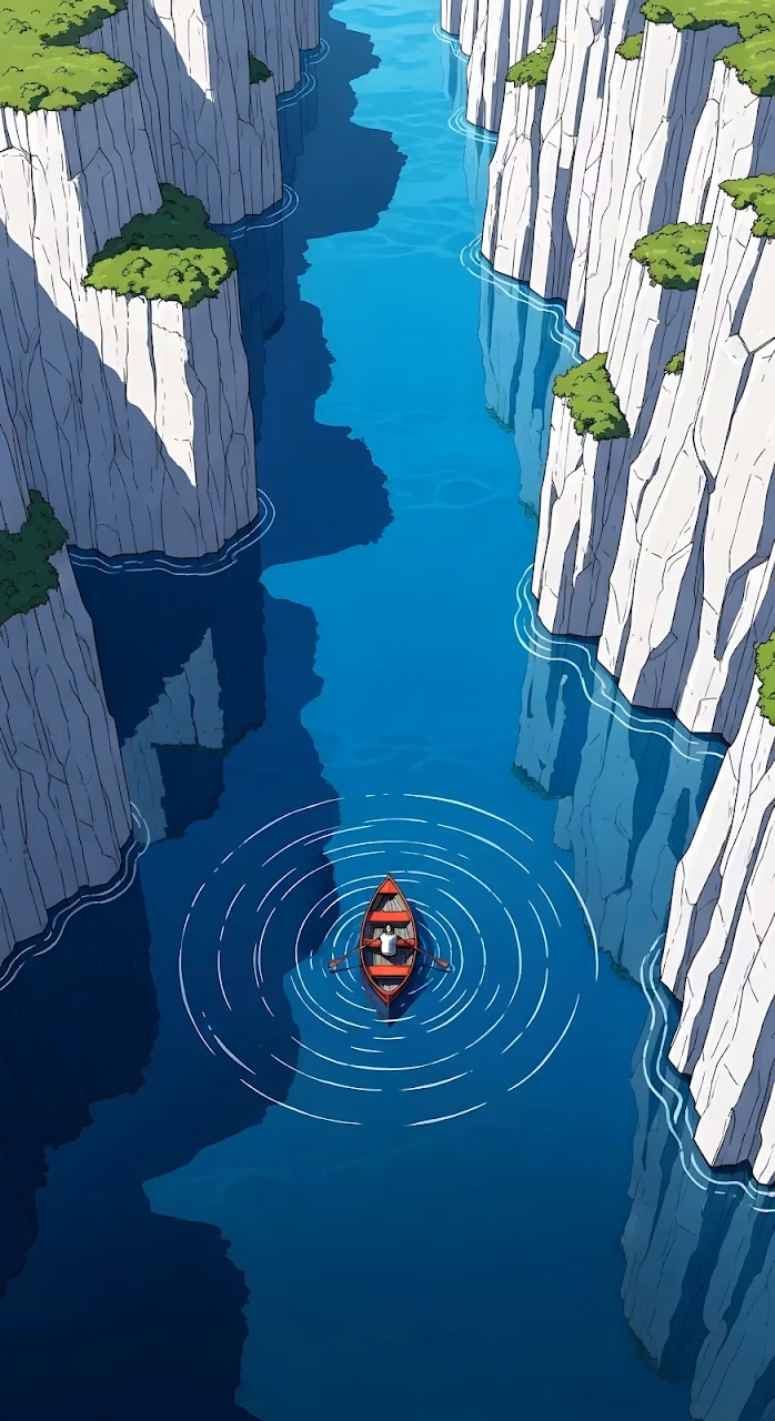 Person Rowing Red Boat Down Narrow Blue Canyon River - Free Mobile AMOLED Wallpaper Background