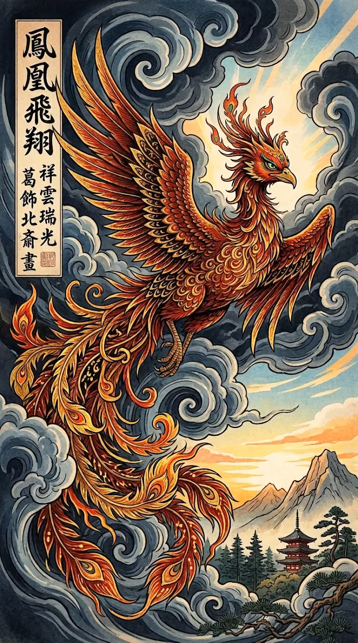 Phoenix in Traditional Japanese Ukiyo-e Style with Calligraphy - Free Mobile AMOLED Wallpaper Background