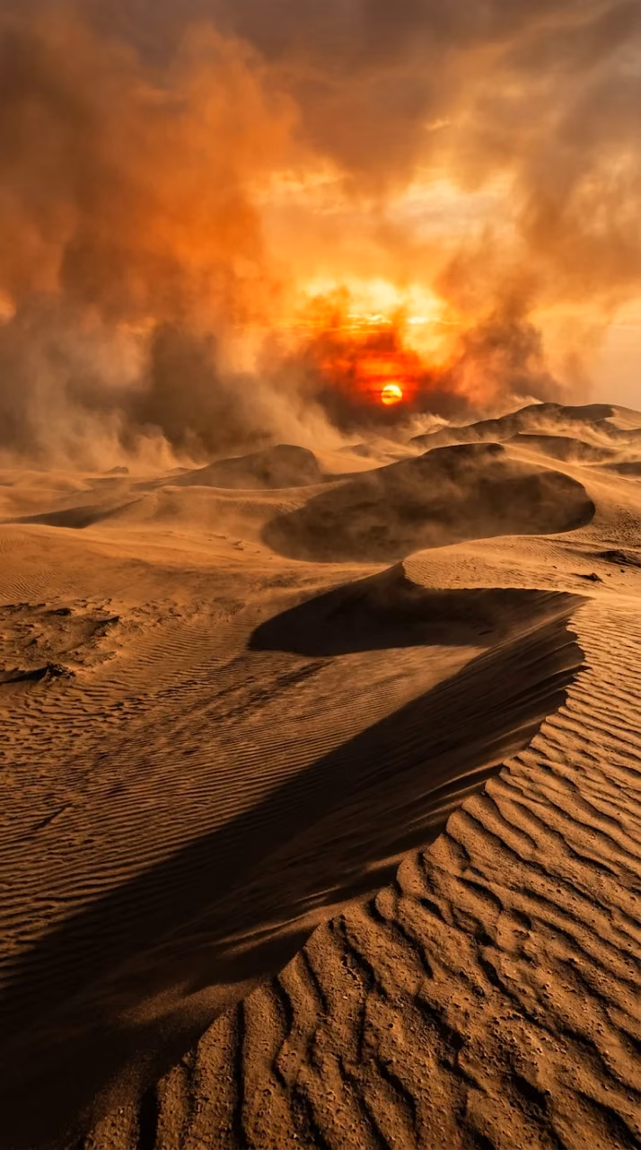 Download Photorealistic Desert Sunset with Fiery Sun and Swirling Sand Clouds Wallpaper in Mobile HD Photorealistic Desert Sunset with Fiery Sun and Swirling Sand Clouds - Free Mobile AMOLED Wallpaper Background