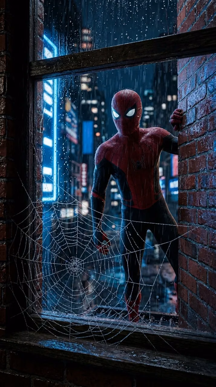 Photorealistic Spiderman Peeking Through a Rainy Window - Free Mobile AMOLED Wallpaper Background