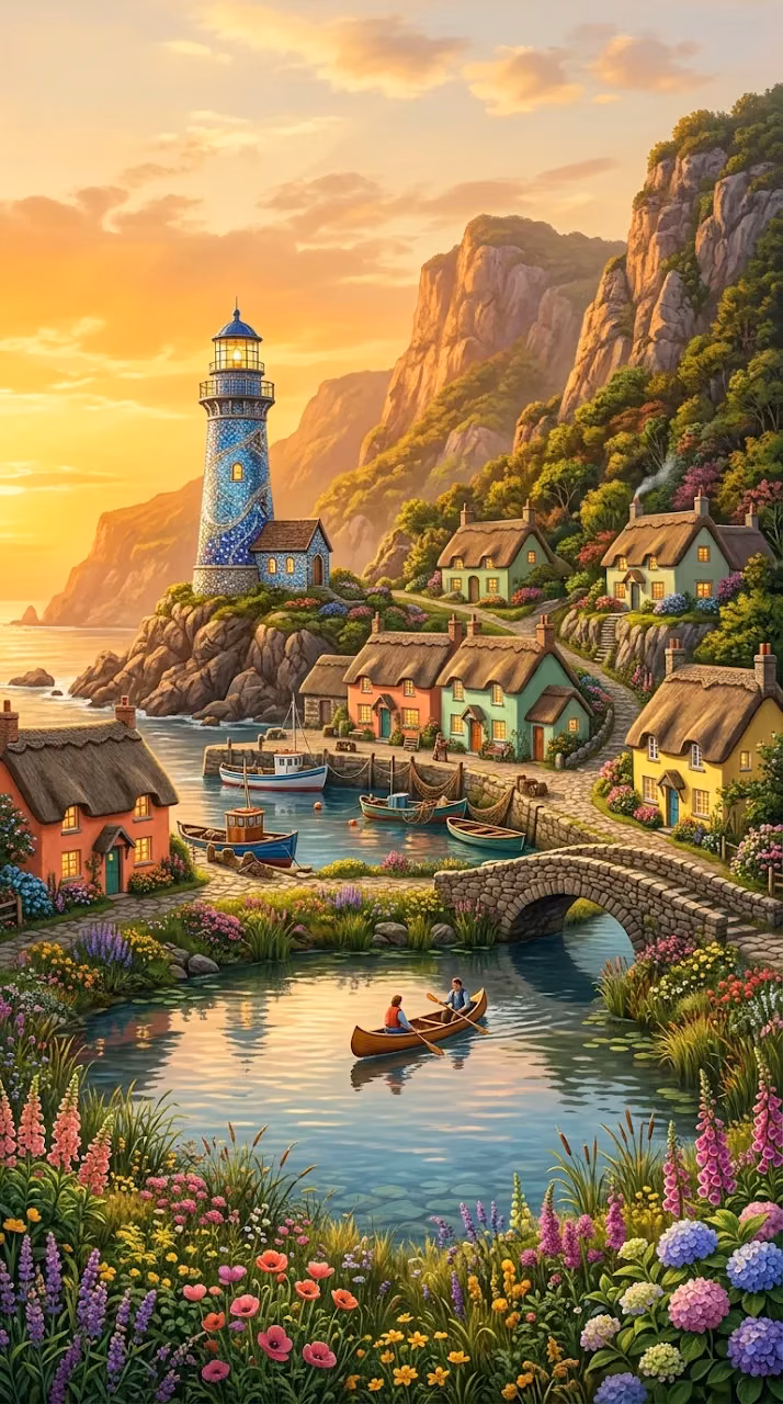Download Picturesque Seaside Hamlet with Colorful Cottages and Lighthouse Wallpaper in Mobile HD Picturesque Seaside Hamlet with Colorful Cottages and Lighthouse - Free Mobile AMOLED Wallpaper Background