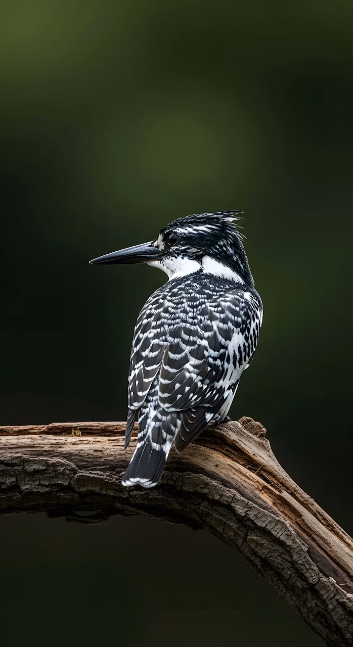 Pied Kingfisher Perched on Log Against Dark Green Bokeh - Free Mobile AMOLED Wallpaper Background