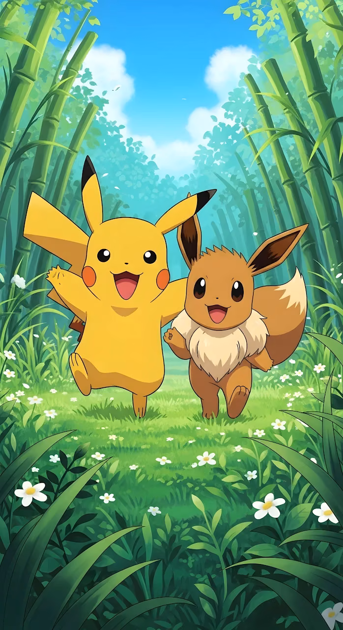 Pikachu and Eevee Running Joyfully in Bamboo Forest - Free Mobile AMOLED Wallpaper Background