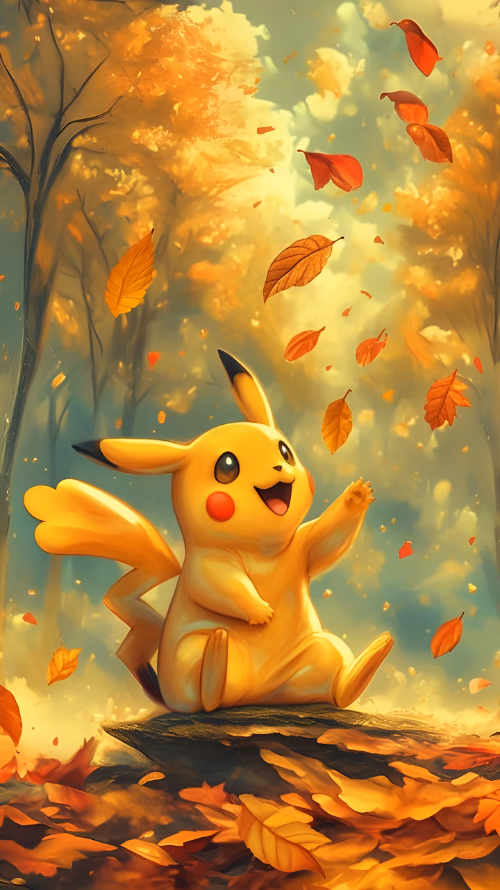 Pikachu Joyfully Playing in Falling Autumn Leaves - Free Mobile AMOLED Wallpaper Background
