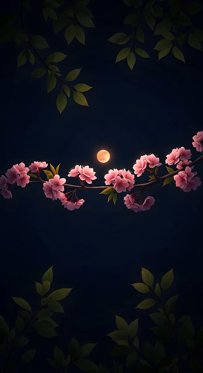 Download Pink Cherry Blossoms Branch Under Full Moon at Night Wallpaper in Mobile HD Pink Cherry Blossoms Branch Under Full Moon at Night - Free Mobile AMOLED Wallpaper Background