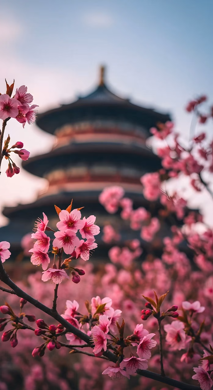 Pink Cherry Blossoms Foreground Traditional Asian Pagoda - Free Mobile AMOLED Wallpaper Background