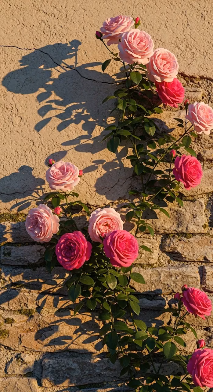 Download Pink Climbing Roses on a Weathered Wall with Warm Sunset Light Wallpaper in Mobile HD Pink Climbing Roses on a Weathered Wall with Warm Sunset Light - Free Mobile AMOLED Wallpaper Background