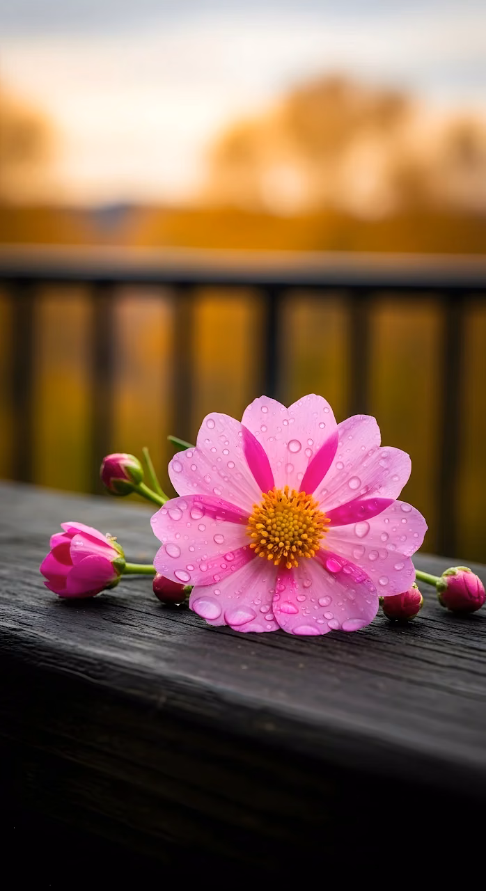 Pink Flower Water Droplets Macro Wooden Railing - Free Mobile AMOLED Wallpaper Background