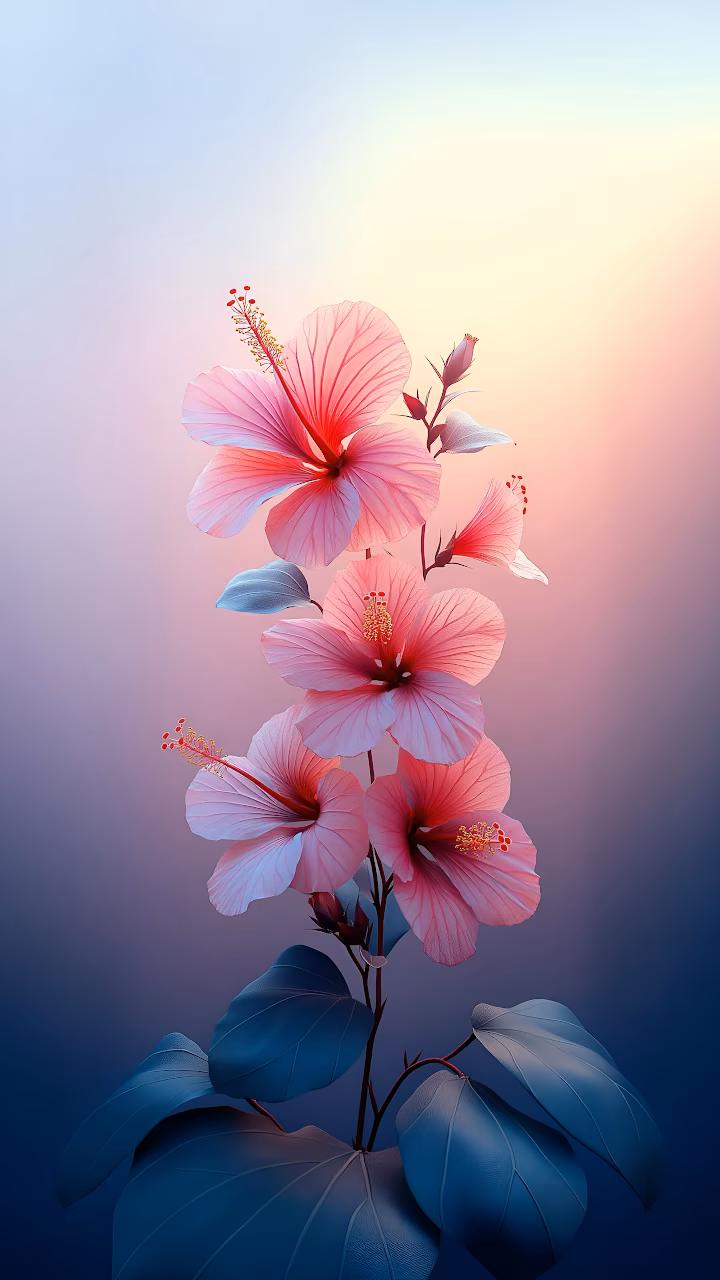 Download Pink Hibiscus Flowers Blooming Against Gradient Sky Wallpaper in Mobile HD Pink Hibiscus Flowers Blooming Against Gradient Sky - Free Mobile AMOLED Wallpaper Background