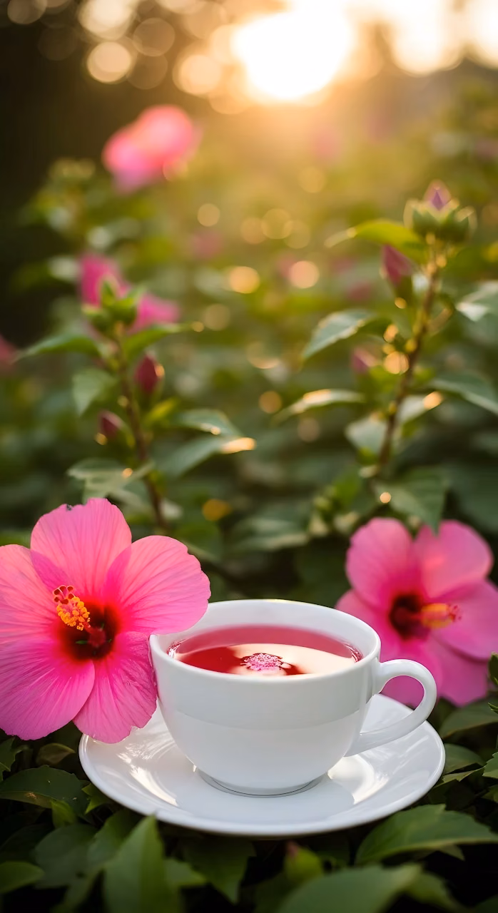 Download Pink Hibiscus Tea Cup Surrounded by Tropical Flowers at Sunset Wallpaper in Mobile HD Pink Hibiscus Tea Cup Surrounded by Tropical Flowers at Sunset - Free Mobile AMOLED Wallpaper Background