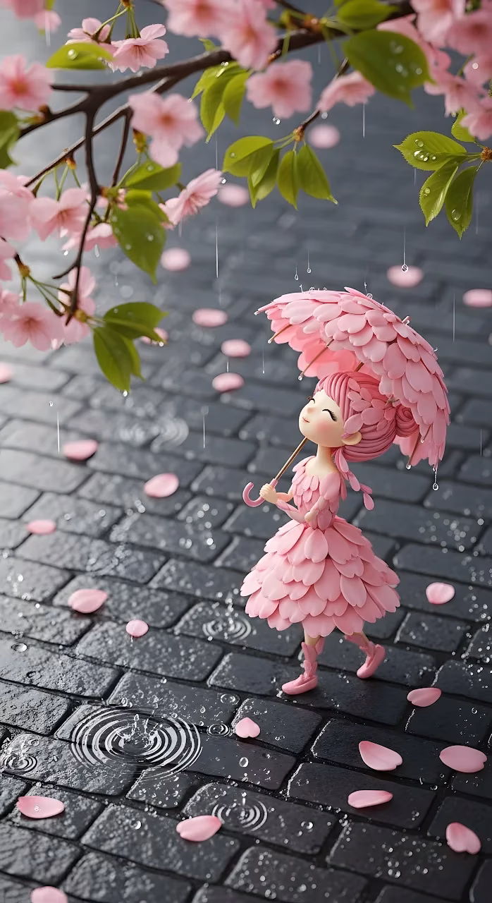 Pink Petal Dress Girl with Umbrella Under Cherry Blossoms - Free Mobile AMOLED Wallpaper Background