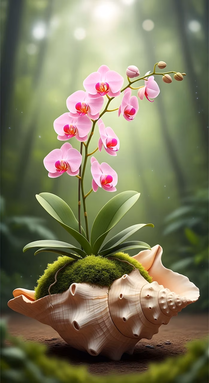 Pink Phalaenopsis Orchid Growing from a Conch Shell Planter - Free Mobile AMOLED Wallpaper Background