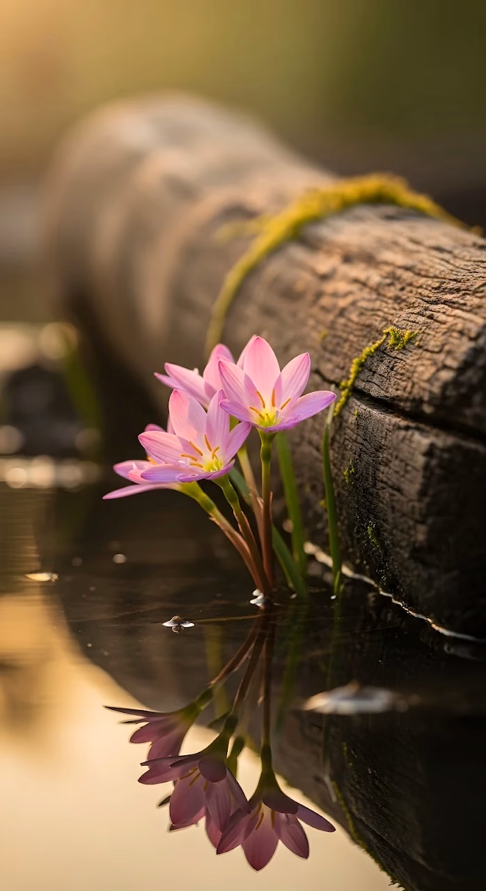 Pink Rain Lilies Reflected in Water by Mossy Log - Free Mobile AMOLED Wallpaper Background