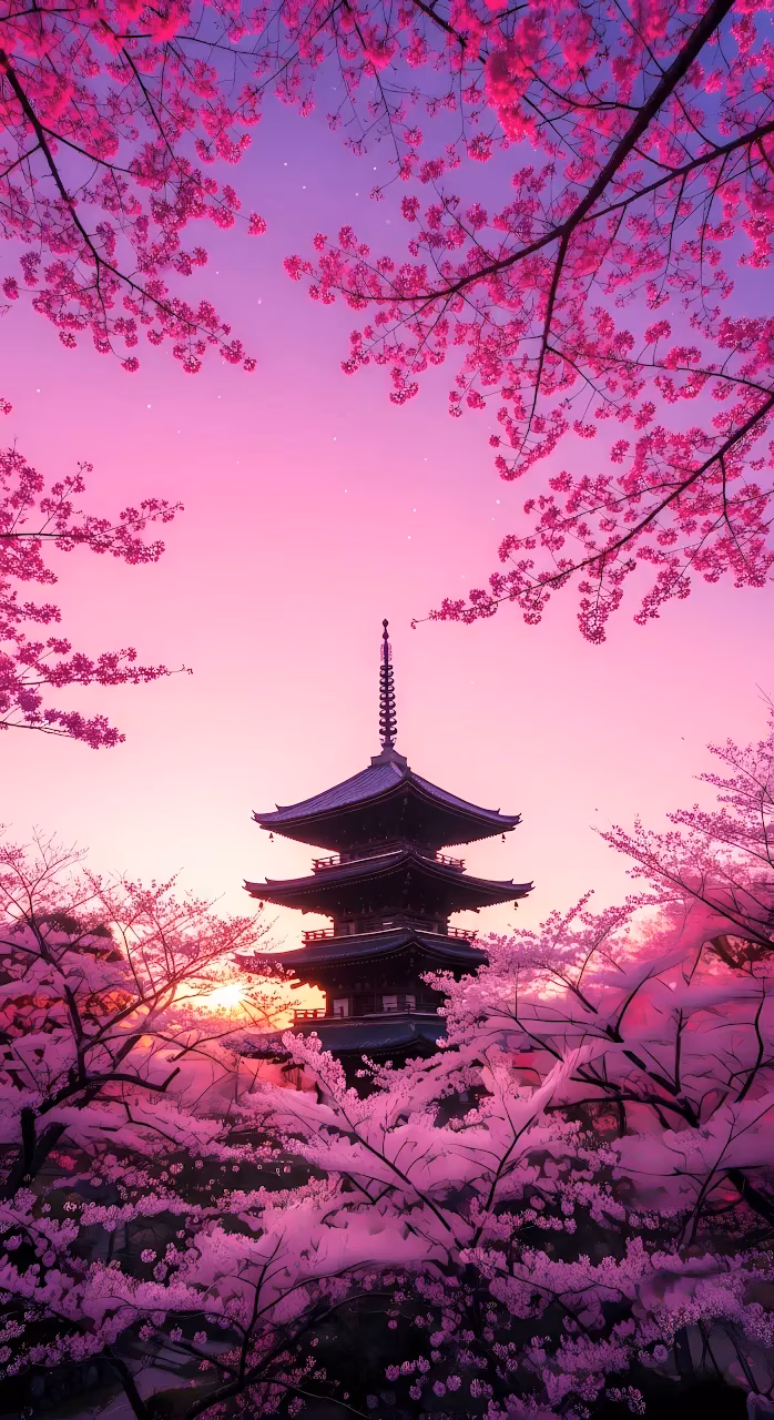 Download Pink Sakura Sunset Framing a Traditional Japanese Pagoda Wallpaper in Mobile HD Pink Sakura Sunset Framing a Traditional Japanese Pagoda - Free Mobile AMOLED Wallpaper Background