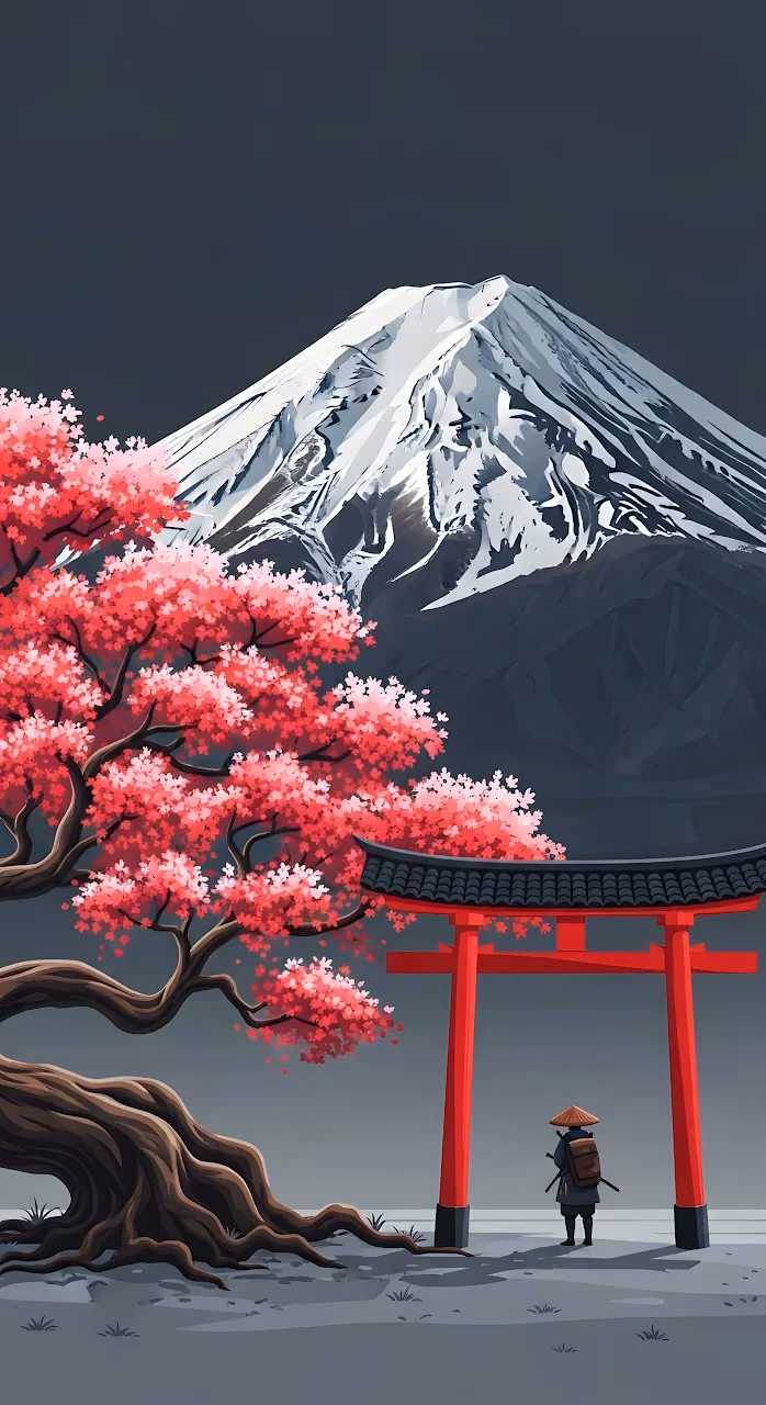Pink Sakura Tree and Torii Gate with Mount Fuji View - Free Mobile AMOLED Wallpaper Background