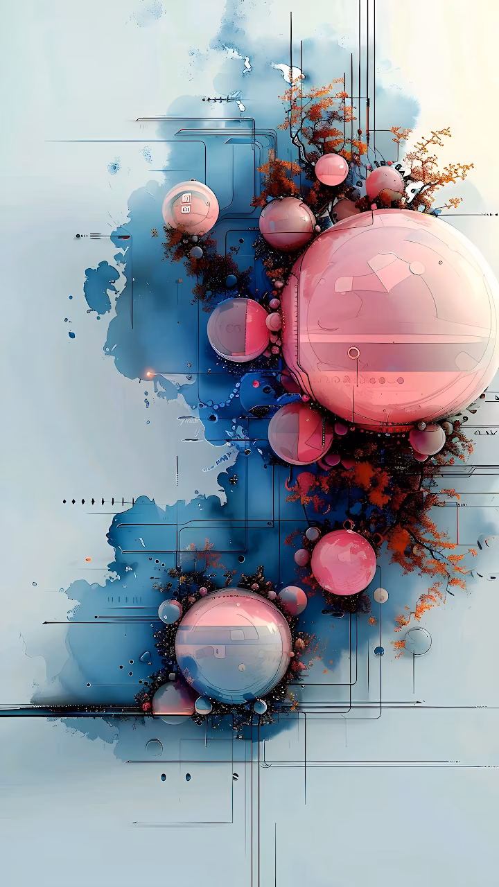 Pink Spheres Abstract Tech Watercolor Fusion Art - Free Mobile AMOLED Wallpaper Background