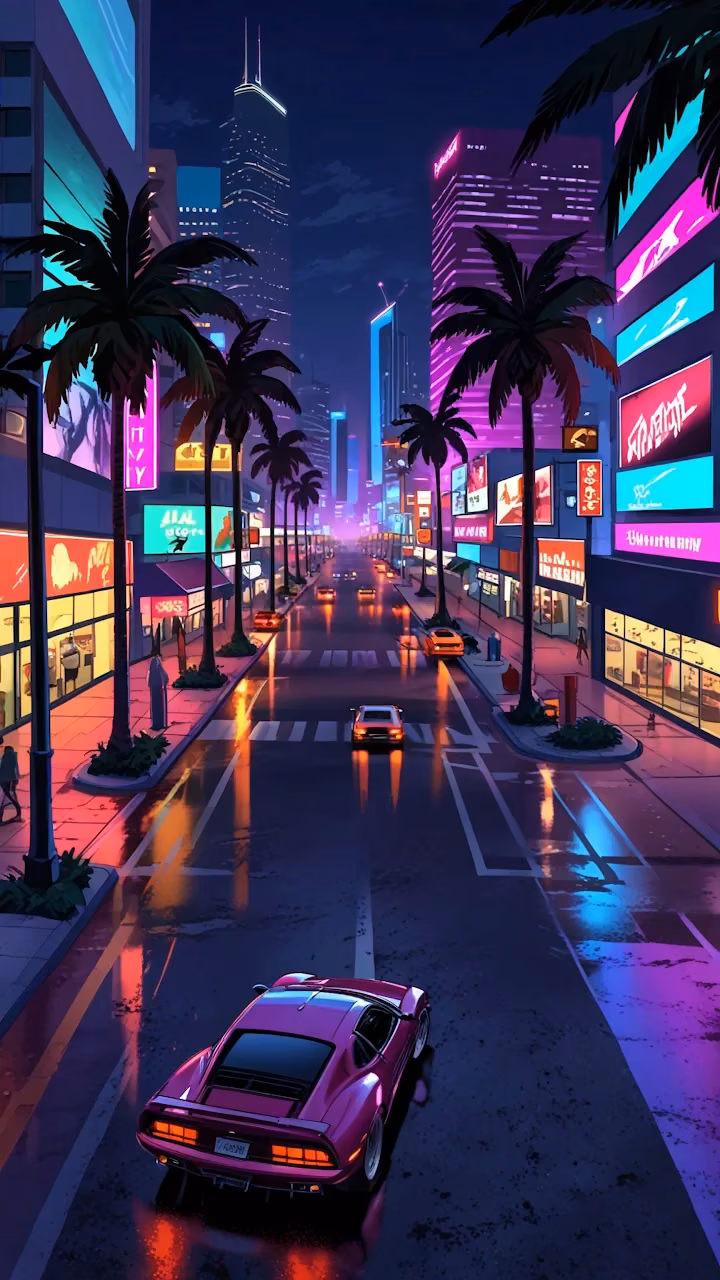 Pink sports car drives down neon-lit city street at night - Free Mobile AMOLED Wallpaper Background
