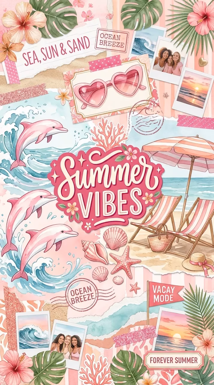 Pink Summer Vibes Aesthetic Collage with Dolphin and Shells - Free Mobile AMOLED Wallpaper Background