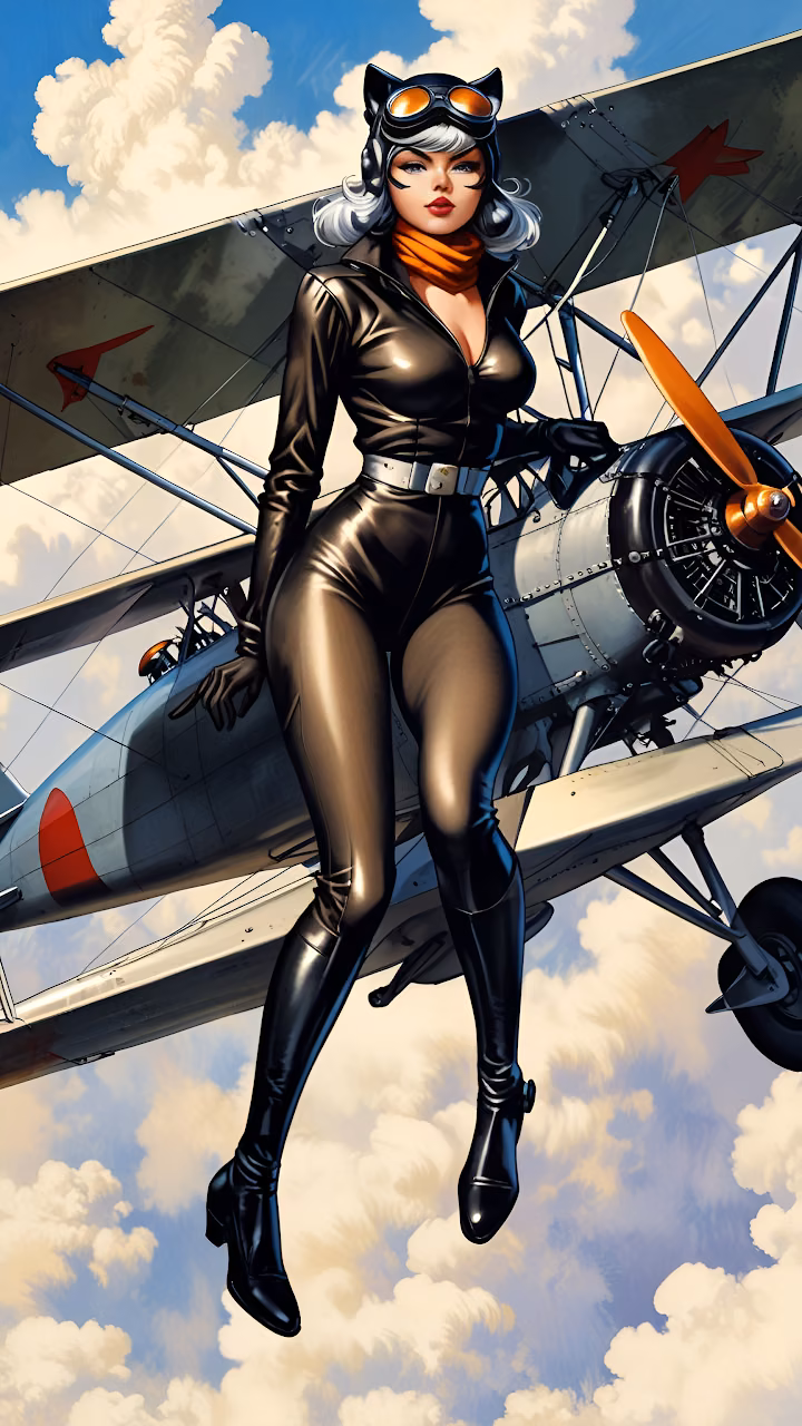 Download Pinup Woman in Leather Flight Suit on Vintage Biplane Wallpaper in Mobile HD Pinup Woman in Leather Flight Suit on Vintage Biplane - Free Mobile AMOLED Wallpaper Background