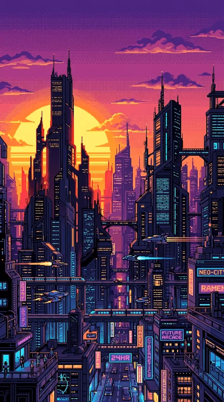 Pixel Art Cityscape with Skyscrapers and Large Sunset Sun - Free Mobile AMOLED Wallpaper Background