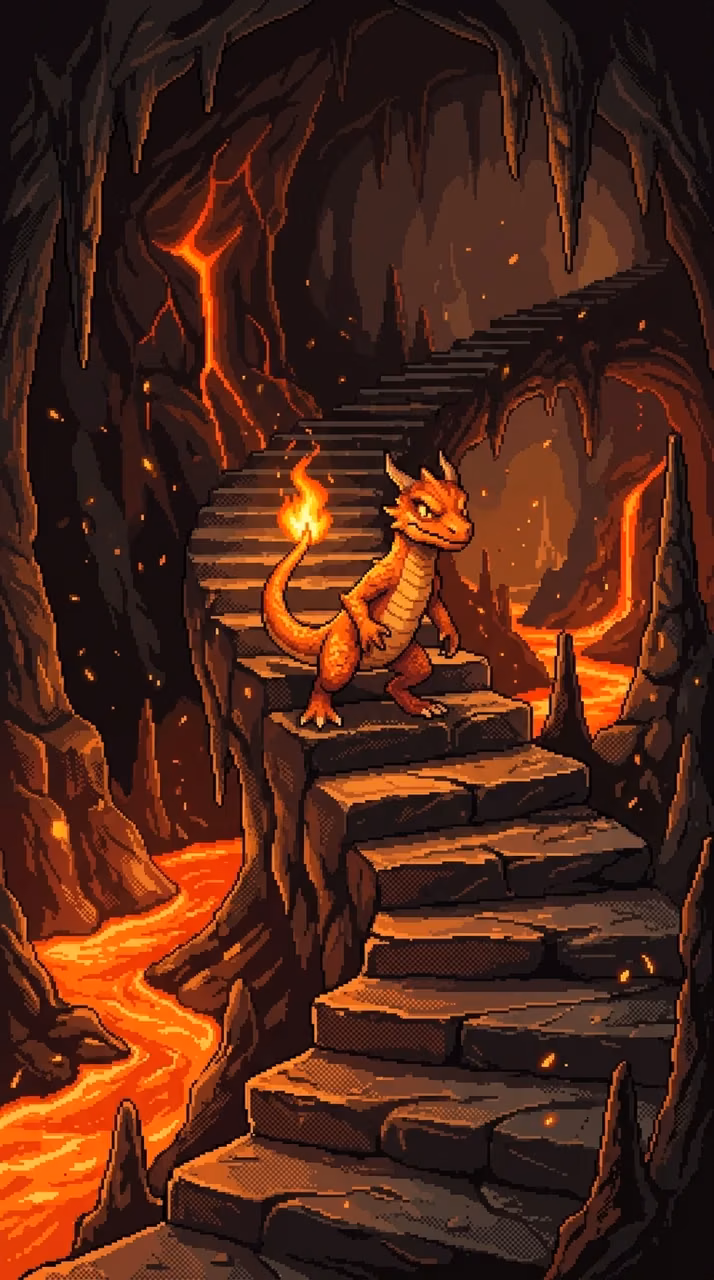 Download Pixel Art Illustration of a Fire Lizard Character in a Lava Cave Wallpaper in Mobile HD Pixel Art Illustration of a Fire Lizard Character in a Lava Cave - Free Mobile AMOLED Wallpaper Background