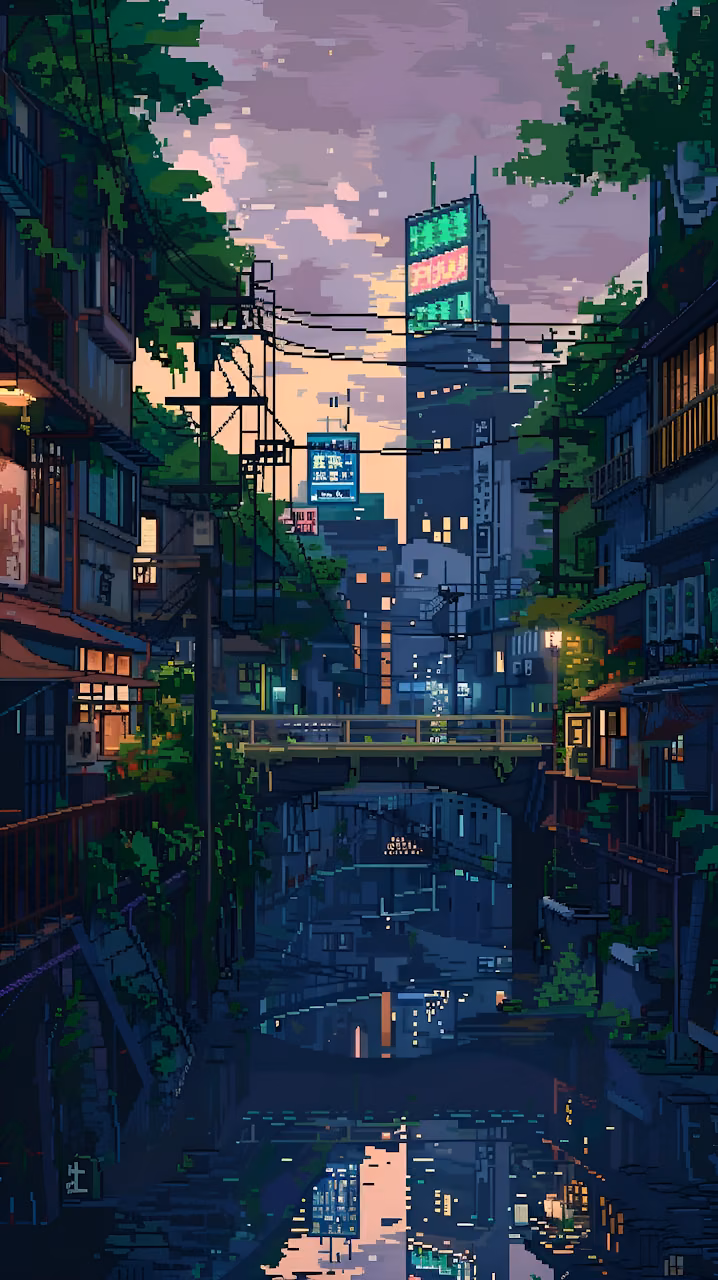 Pixel Art Japanese City Canal Sunset Reflection - Free Mobile AMOLED Wallpaper Background