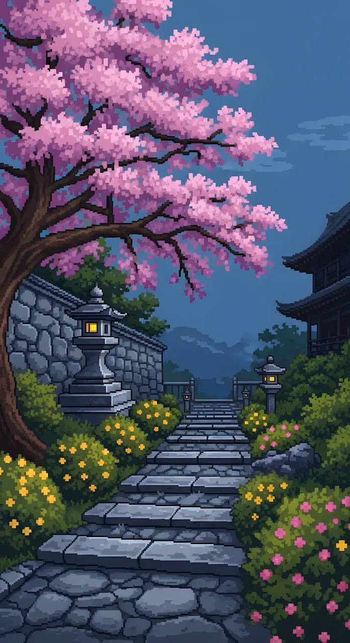 Pixel Art Japanese Garden Cherry Blossom Stone Path - Free Mobile AMOLED Wallpaper Background