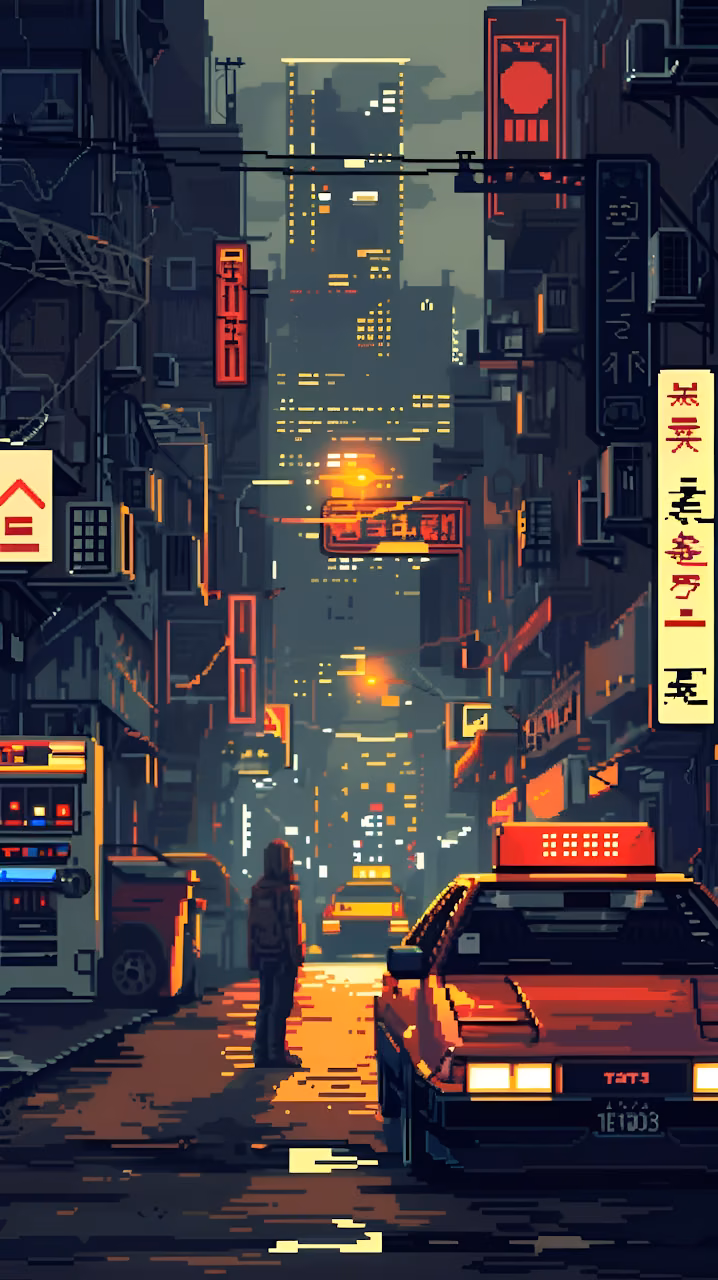 Pixel Art Night Street Red Taxi Neon Glow - Free Mobile AMOLED Wallpaper Background