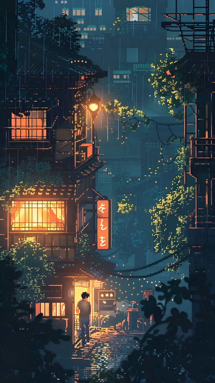 Pixel Art Rainy Night Alleyway Warm Light Japan - Free Mobile AMOLED Wallpaper Background