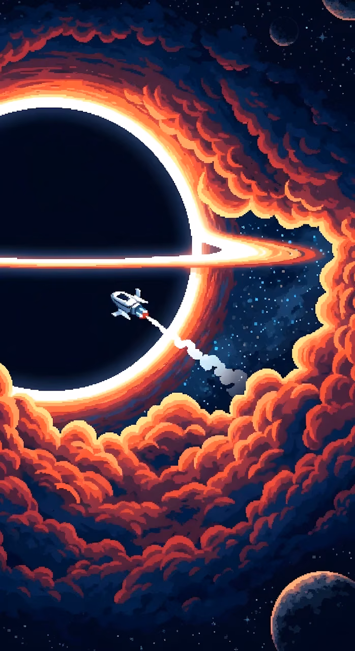 Pixel Spaceship Approaching Red Black Hole Singularity - Free Mobile AMOLED Wallpaper Background