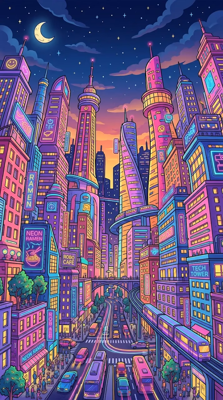 Download Playful Cartoonish Cityscape at Dusk Wallpaper in Mobile HD Playful Cartoonish Cityscape at Dusk - Free Mobile AMOLED Wallpaper Background