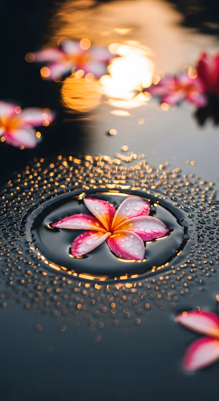 Plumeria Flower Water Reflection Golden Sunset - Free Mobile AMOLED Wallpaper Background