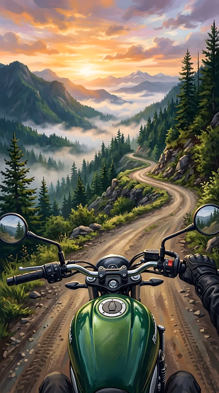 Download Point of View Illustration of a Motorcycle on a Winding Mountain Road at Dawn Wallpaper in Mobile HD Point of View Illustration of a Motorcycle on a Winding Mountain Road at Dawn - Free Mobile AMOLED Wallpaper Background