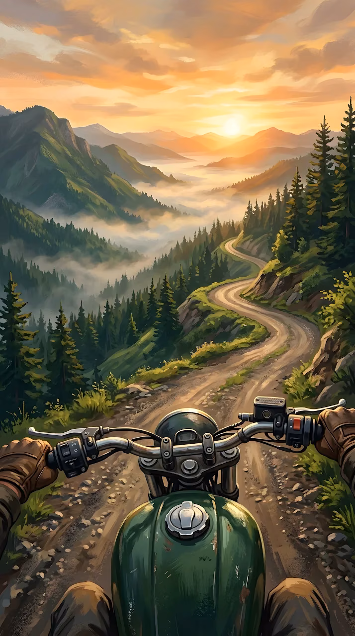 Download Point of View Illustration of a Motorcycle on a Winding Mountain Road at Dawn Wallpaper in Mobile HD Point of View Illustration of a Motorcycle on a Winding Mountain Road at Dawn - Free Mobile AMOLED Wallpaper Background