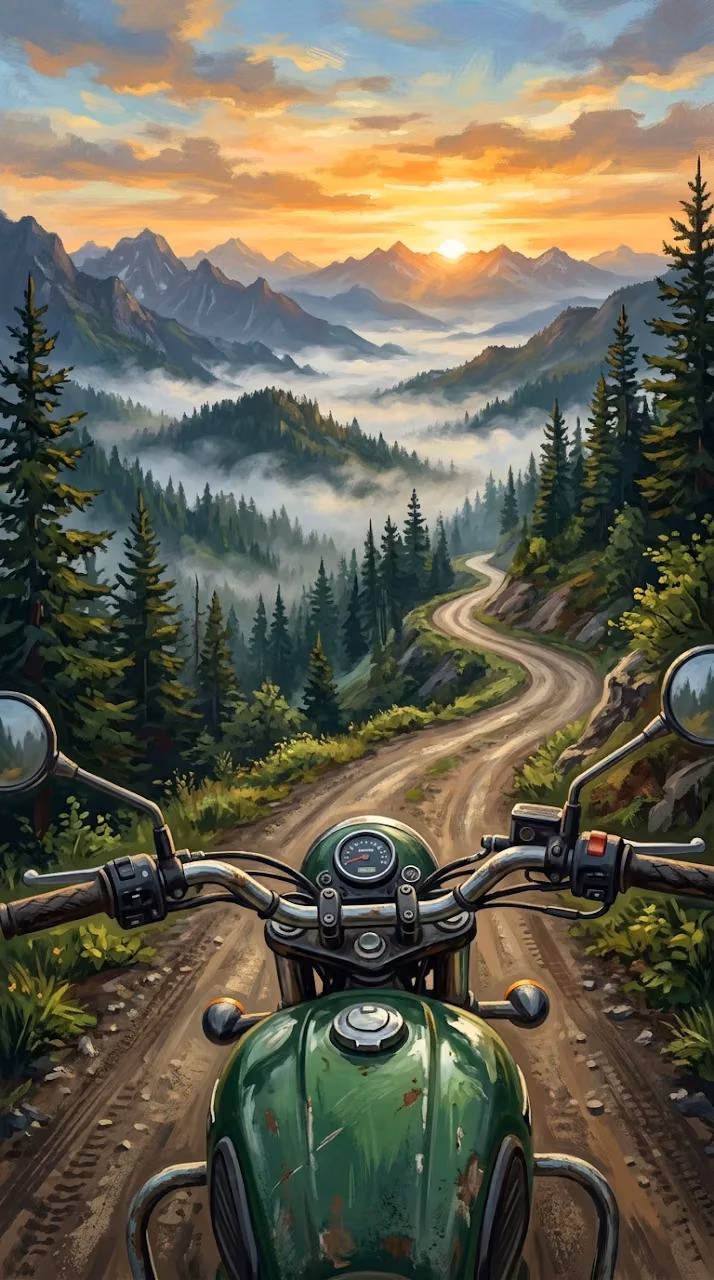 Download Point of View Illustration of a Motorcycle on a Winding Mountain Road at Dawn Wallpaper in Mobile HD Point of View Illustration of a Motorcycle on a Winding Mountain Road at Dawn - Free Mobile AMOLED Wallpaper Background